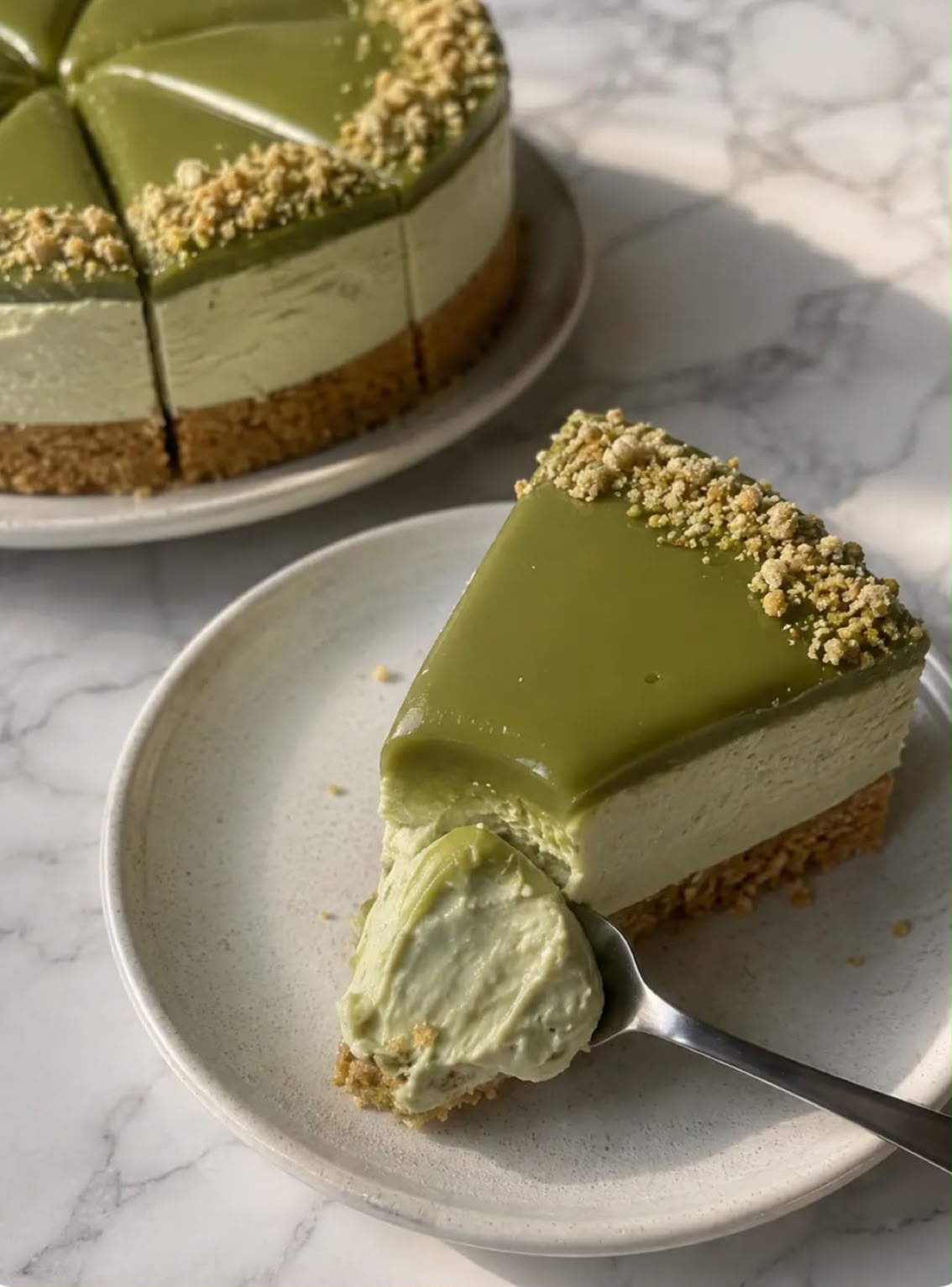 Fatia de cheesecake de pistáchio